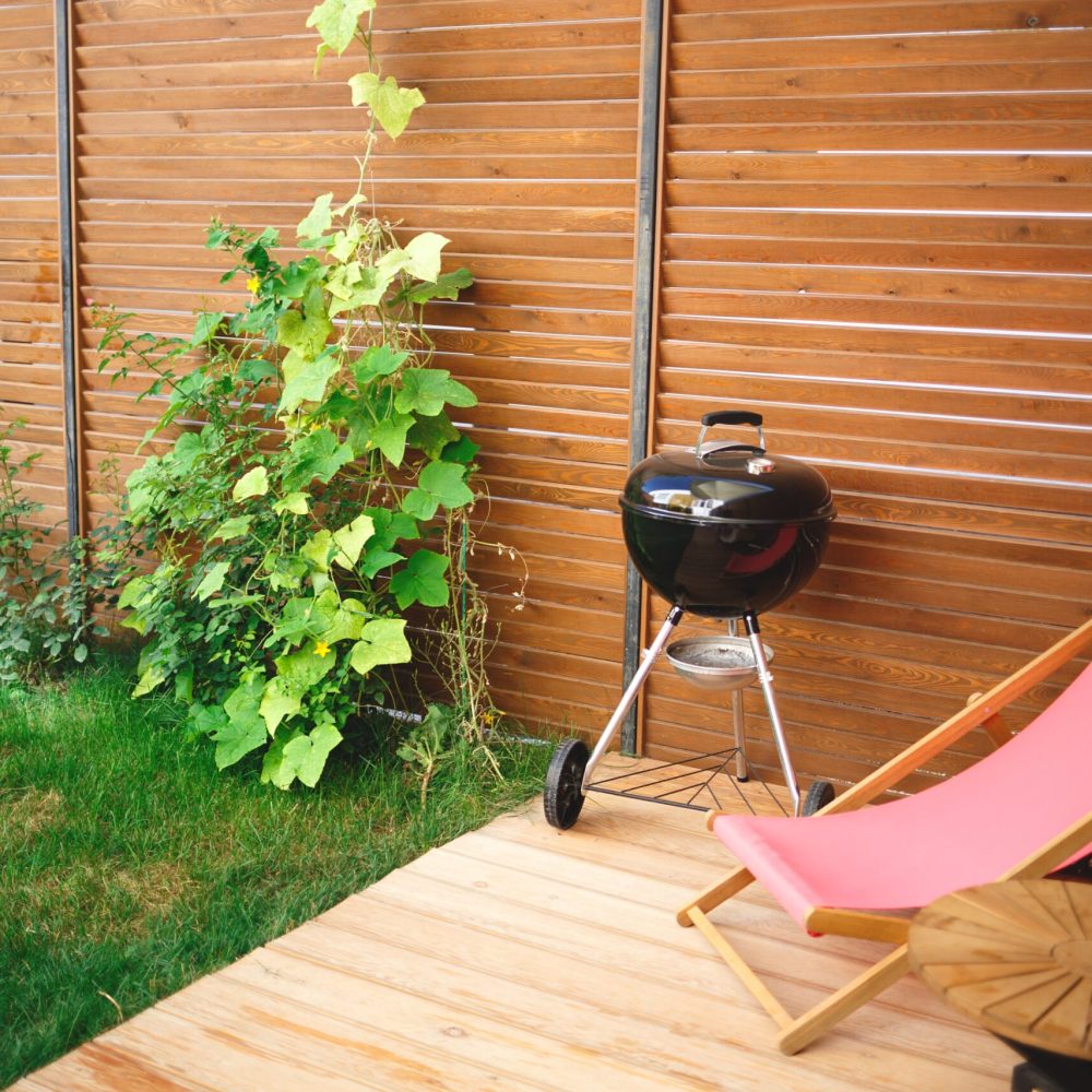 recreation area in the yard of the house: chairs, barbecue, table.