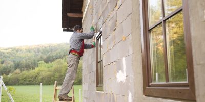 Plasterer spreading out plaster with trowel around the windows